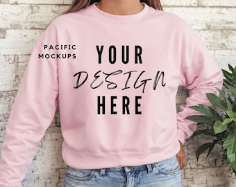 Gildan 18000 Light Pink Sweatshirt Mockup Clothing Mock Up G180 Pink Crewneck Mockup Sweater Model for Mockups Pink Sweater Template
