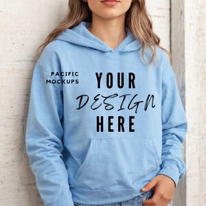 Gildan 18500 Light Blue Hoodie Mockup Clothing Mock Up G185 Hooded Sweatshirt Mockup Sweater Model for Mockups Blue Hoodie Template