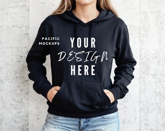 Gildan 18500 Maqueta de sudadera con capucha negra Maqueta de ropa G185 Maqueta de sudadera con capucha Modelo de suéter para maquetas Plantilla de sudadera con capucha negra