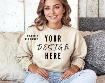 Gildan 18000 Sand Sweatshirt Mockup G180 Sand Crewneck Mockup Clothing Sweatshirt Model for Mockups White Shirt Template