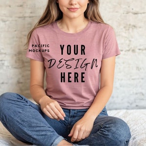 Bella Canvas 3001 Heather Mauve Tshirt Mockup Clothing Mock Up 3001 Mauve T-shirt Mockup T-Shirt Model for Mockups Mauve Shirt Template