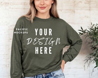 Gildan 18000 Military Green Sweatshirt Mockup Clothing Mock Up G180 Green Crewneck Mockup Sweater Model for Mockups Green Sweater Template