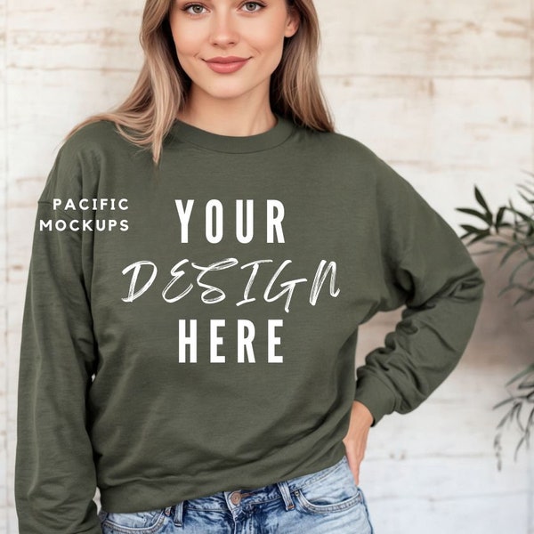 Gildan 18000 Military Green Sweatshirt Mockup Clothing Mock Up G180 Green Crewneck Mockup Sweater Model for Mockups Green Sweater Template