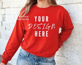 Gildan 18000 Red Sweatshirt Mockup Clothing Mock Up G180 Red Crewneck Mockup Sweater Model for Mockups Red Sweater Template