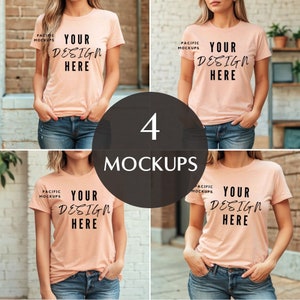 4x Heather Peach T-Shirt Mockup Bundle 3001 Bella Canvas Mockup Pink T-Shirt Mock Up Clothing T-Shirt Model for Mockups Pink Shirt Template