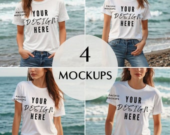 4x Frau Weiß T-Shirt Mockup Bundle Bella Canvas 3001 Mockup Ocean Mockup Weiß T-Shirt MockUp Sommer Modell Mockup Weiß Shirt Vorlage