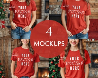 4x Frau Rot Weihnachten T-Shirt Mockup Bundle Bella Canvas 3001 Mockup Winter Mockup Rot T-Shirt MockUp Rot Mockup Rot Template