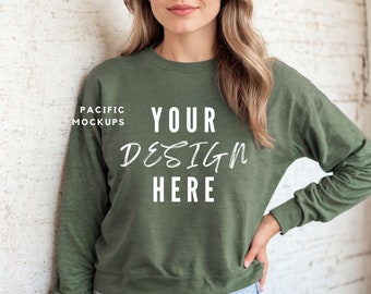 Gildan 18000 Military Green Sweatshirt Mockup Clothing Mock Up G180 Green Crewneck Mockup Sweater Model for Mockups Green Sweater Template