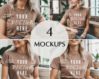 4x Woman Espresso T-Shirt Mockup Bundle Comfort Colors C1717 Mockup Braun T-Shirt Mock Up Kleidung Modell für Mockups Brown Shirt Template