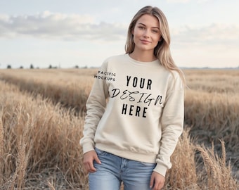 Gildan 18000 Sand Sweatshirt Mockup Clothing Mock Up G180 Sand Crewneck Mockup Sweater Model for Mockups Tan Sweater Template