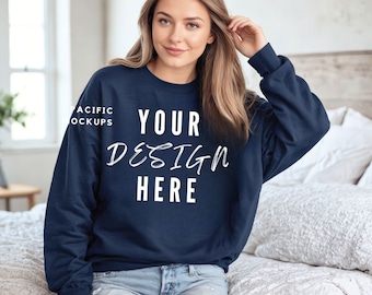 Gildan 18000 Maqueta de sudadera azul marino Maqueta de ropa G180 Maqueta de cuello redondo azul marino Maquetas de suéter azul Plantilla de sudadera azul