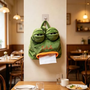 May include: A green plush tissue box cover shaped like a frog with large, sleepy eyes. The frog has an orange mouth and the name "Celeste" embroidered in red. White tissues are visible. The cover hangs on a wall.