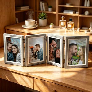 Peut inclure: Un cadre photo en bois à quatre volets articulés avec des bordures gris clair. Chaque panneau présente une photo de couple et est gravé avec les années 2020 à 2023. Les cadres incluent des textes comme Where Life Begins & Love Never Ends.
