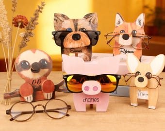 Soporte para gafas con diseño de animales personalizado, soporte de madera para gafas personalizado, soporte para gafas grabado, regalo para él o ella, organizador de escritorio minimalista