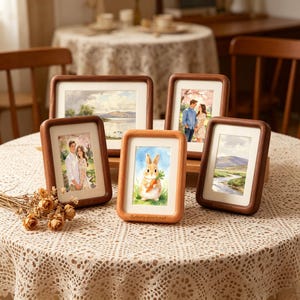 May include: Several wooden photo frames displaying different images, including a couple, a landscape, and a watercolour of a rabbit holding a carrot. The frames have a warm wood finish and are arranged on a lace tablecloth.