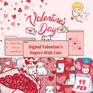 Puede incluir: Papeles digitales de San Valentín con gatos. Los papeles presentan una variedad de diseños, que incluyen corazones, rosas y gatos. Los papeles son perfectos para scrapbooking, creación de tarjetas y otros proyectos de manualidades.