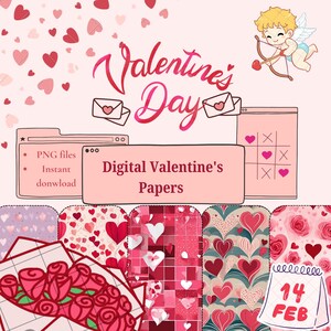 Puede incluir: Papeles digitales de San Valentín con una variedad de patrones de corazones, incluyendo corazones rojos, rosas y blancos sobre diferentes fondos. Los papeles son perfectos para scrapbooking, creación de tarjetas y otros proyectos de manualidades.