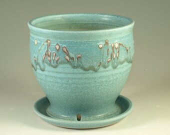 Pottery planter in turquoise glaze, flower, herb plant stoneware