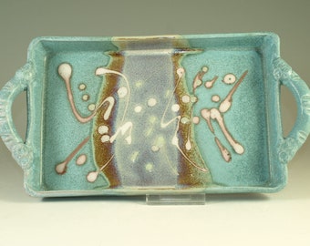 Rectangular Serving tray in Turquoise handmade stoneware pottery cheese and cracker tray