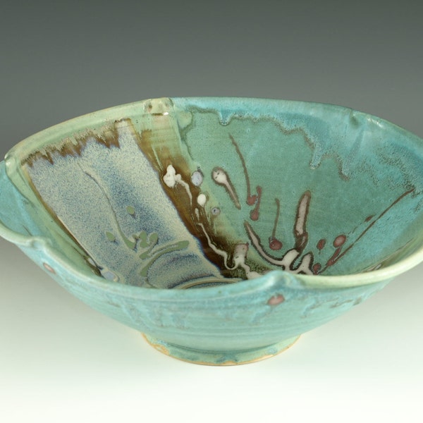 Handmade serving bowl in turquoise blue wheel thrown pottery serving bowl