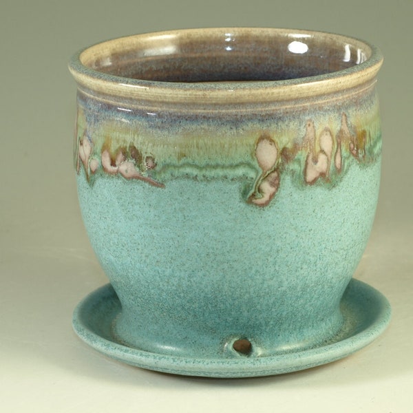 Pottery planter in turquoise glaze, flower, herb plant stoneware