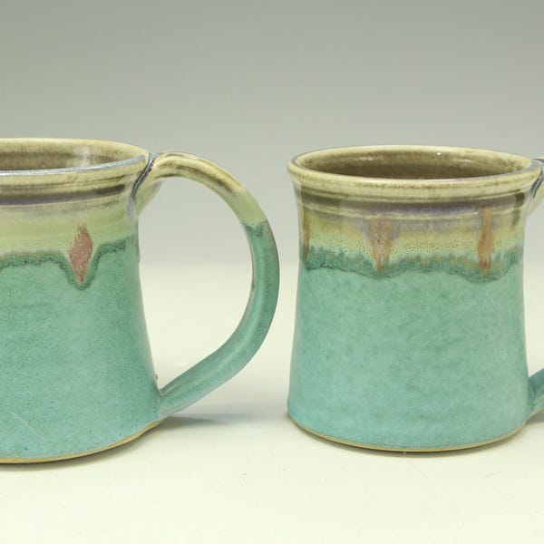 A Pair of Pottery Mug (12oz) in turquoise glaze large handle stoneware