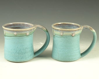 A Pair of Pottery Mug (12oz) in turquoise glaze large handle stoneware