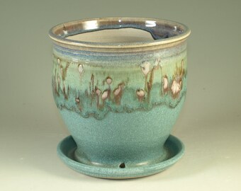 Pottery planter in turquoise glaze, flower, herb planter stoneware