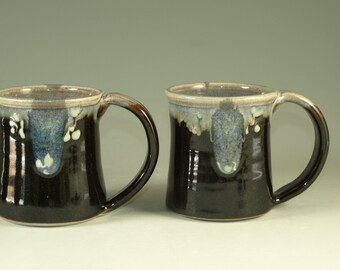Pair of Small pottery Mugs (12oz) in tenmoku black glaze - great morning coffee mugs