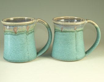 Pair of Coffee Mugs Cup ,large ceramic mugs with large Handle, turquoise,  wheel thown (20oz) -- Perfect Hot & Chocolate