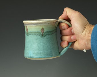 Ceramic mug with large Handle, turquoise, wheel thown (12oz)