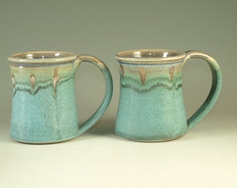 Pair of Coffee Mugs Cup ,large ceramic mugs with large Handle, turquoise,  wheel thown (20oz) -- Perfect Hot & Chocolate