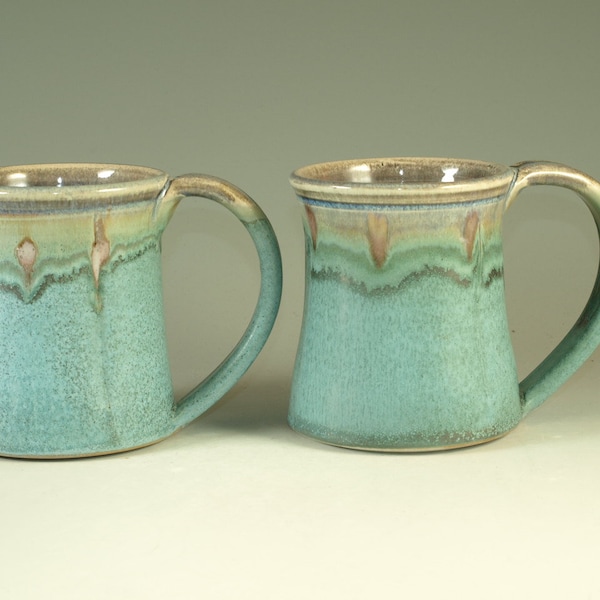 Pair of Coffee Mugs Cup ,large ceramic mugs with large Handle, turquoise,  wheel thown (20oz) -- Perfect Hot & Chocolate