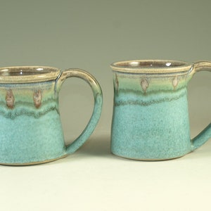 A Pair of Pottery Mug (12oz) in turquoise glaze large handle stoneware