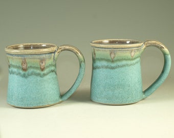 A Pair of Pottery Mug (12oz) in turquoise glaze large handle stoneware