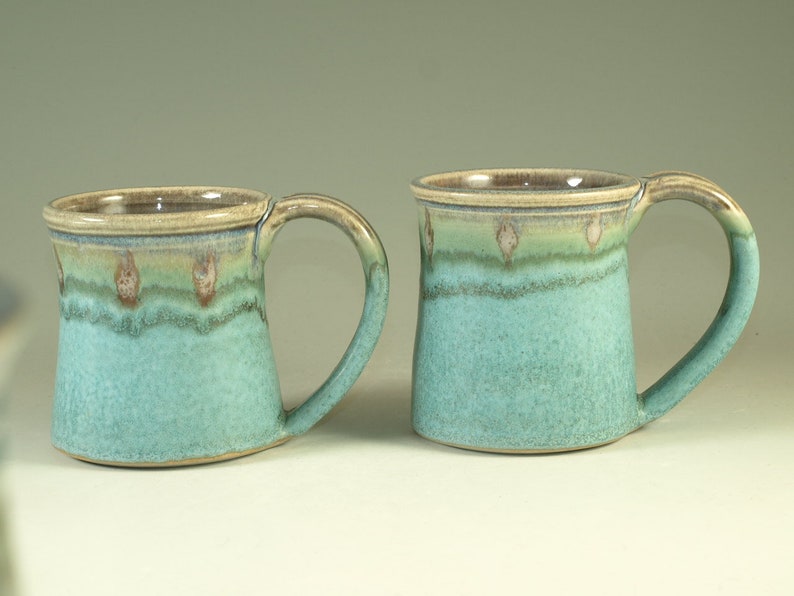 A Pair of Pottery Mug 12oz in turquoise glaze large handle stoneware image 1