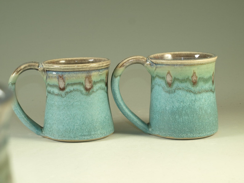 A Pair of Pottery Mug 12oz in turquoise glaze large handle stoneware image 2