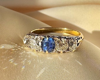Antique 18CT Sapphire and old mine cut diamond five stone ring
