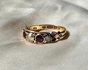 15CT Victorian antique split pearl and red paste five stone ring