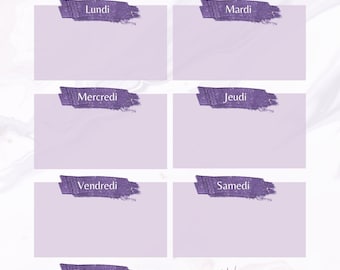 May include: A purple and white weekly planner with a floral design. The planner has sections for each day of the week, Monday through Sunday, and a notes section. The planner is on a white background with a marble pattern.