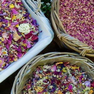 Pu&ograve; includere: Tre cesti di vimini pieni di petali di fiori secchi. I cesti sono pieni di una variet&agrave; di colori, tra cui rosa, viola, giallo e bianco.