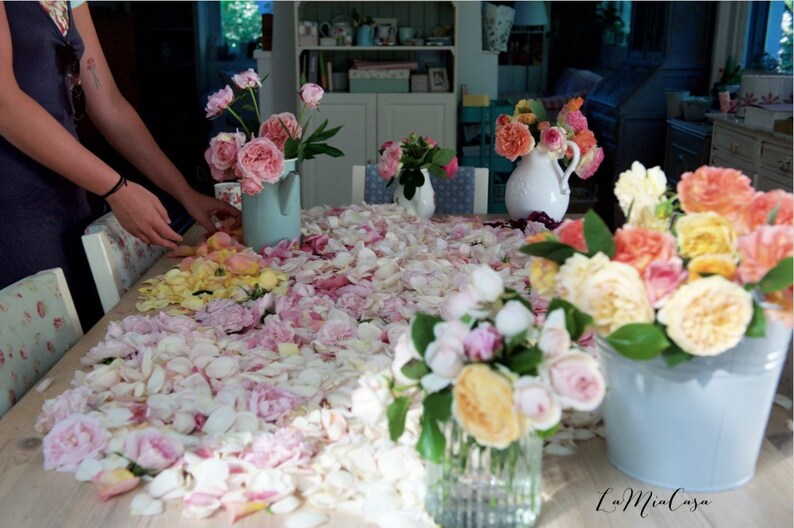Pu&ograve; includere: Un tavolo ricoperto di petali di rosa rosa, bianchi e gialli con diversi mazzi di rose in vasi di vari colori. I mazzi sono disposti in uno stile rustico e da fattoria.