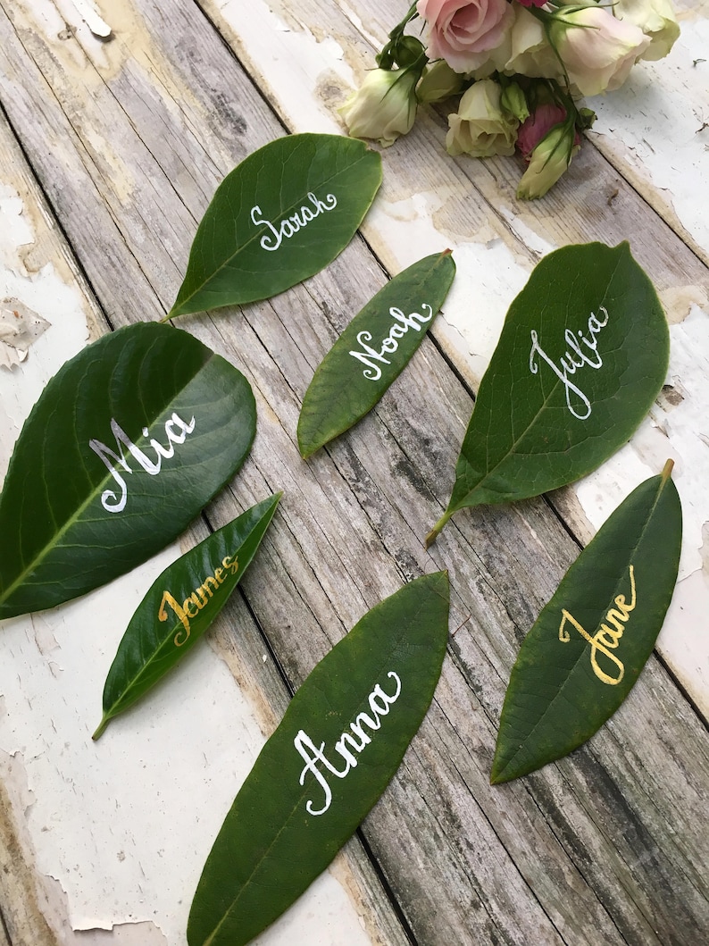 Op de afbeelding: Zes groene bladeren met witte en gouden kalligrafie namen erop geschreven. De namen zijn Mia, James, Sarah, Noah, Julia en Anna.