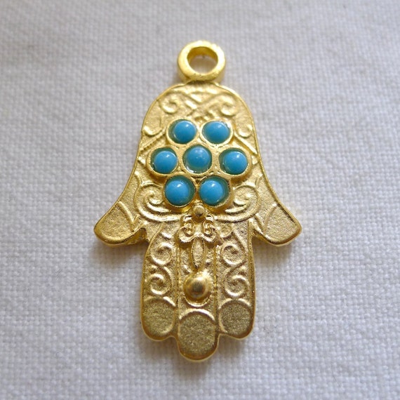 Items similar to Hand of Fatima Hamsa Pendant with Fleur de Lis, Blue ...