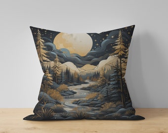 vintage illustration of the moon and stars over snowy mountains Pillow