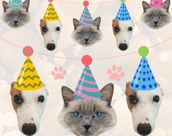 Custom Pet Birthday Party Photo Banner: Personalised Dog Cat Pawty Hat Bunting