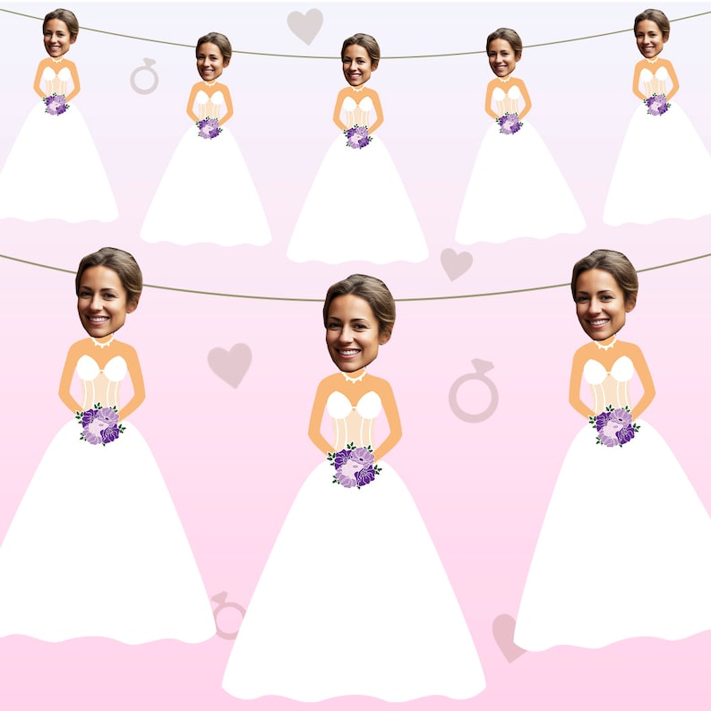 May include: A string of white bridal dress cutouts with purple flowers and a ring design. Each cutout has a space for a photo to be inserted.