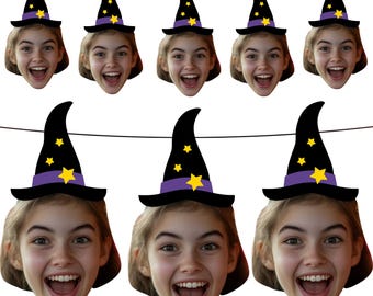 Personalised Witch Wizard Hat Halloween Bunting: Custom Photo Banner
