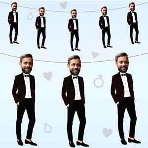 May include: A garland of black and white tuxedo-clad figures with oversized heads. The figures are strung together with white string and have a heart and ring symbol between each figure.