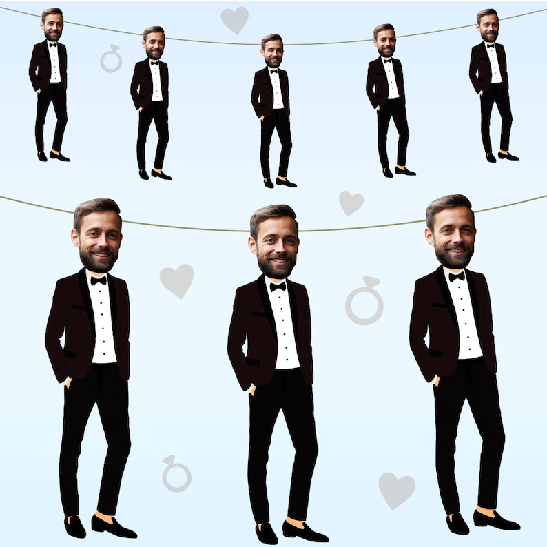 May include: A garland of black and white tuxedo-clad figures with oversized heads. The figures are strung together with white string and have a heart and ring symbol between each figure.